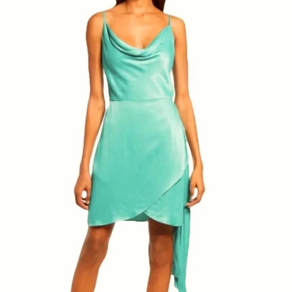 Saylor Mykonos Cowl Neck Satin Dress Blue Green Size XL
